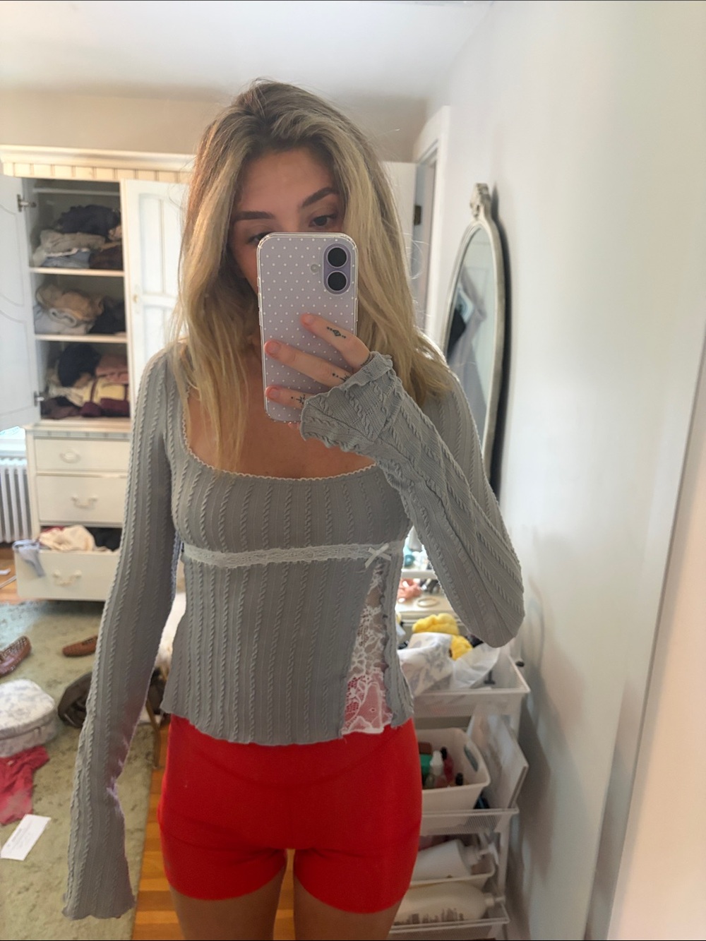 Gray Lace-Trim Ribbed Knit Women's Sweater Top